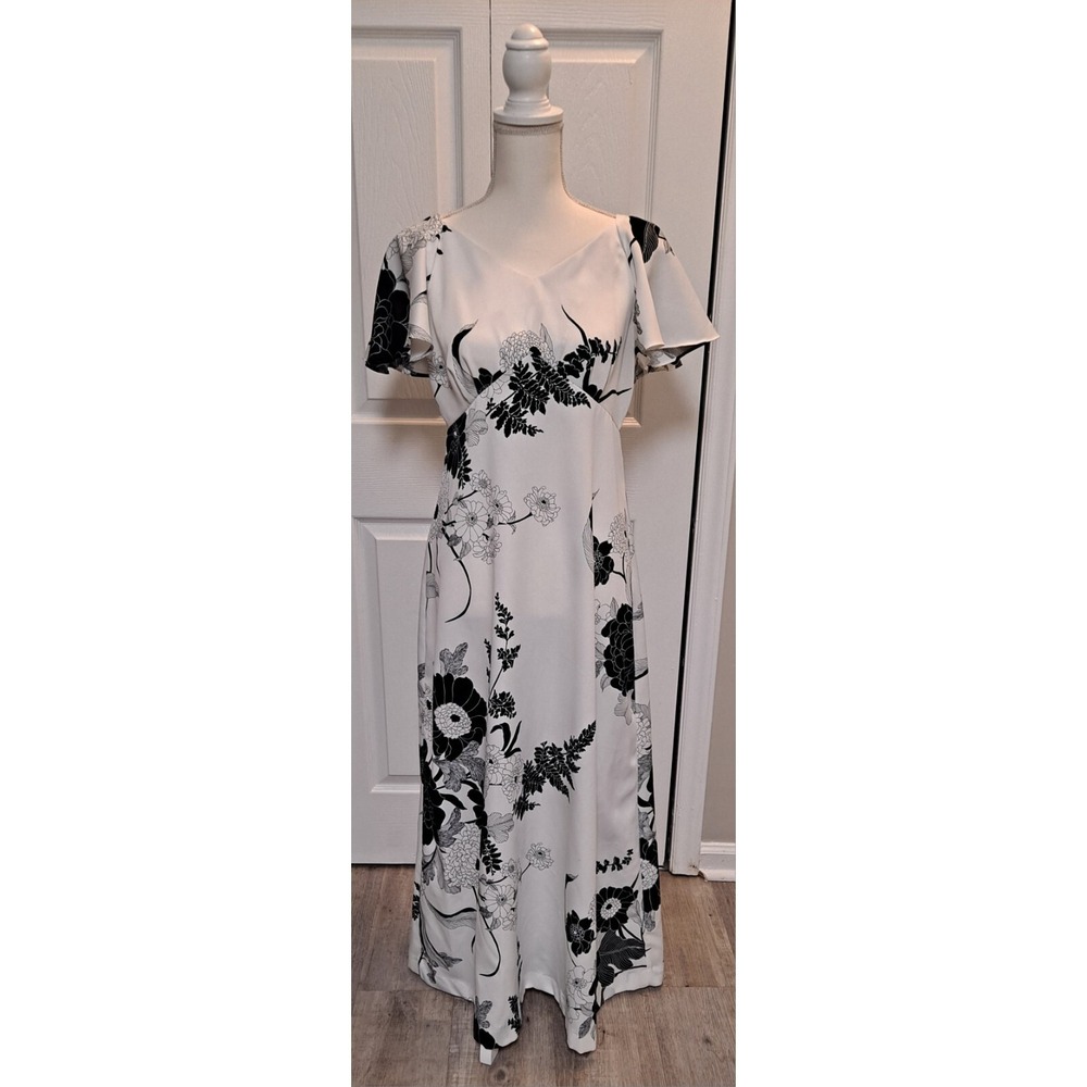 Vintage Pomare Hawaiian Floral Maxi Dress Tiki Size S/M White With Black Flowers